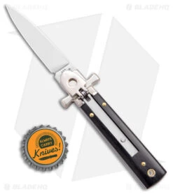 AGA 6" Lever Lock Automatic Italian Knife Ebony W/Cross Bolsters (2.5" Polish) -Cheap Knives Store AGA 6in LL Ebony Wood Auto Cross Bolsters Satin BHQ 177247 jr bottlecap