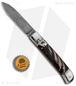 AKC Classic 8" Lever Lock Automatic Italian Knife Dark Horn (3.2" Damascus) -Cheap Knives Store AKC Classic 8in LL Dark Horn Damascus Flat BP 30457 jr bottlecap