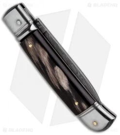 AKC Classic 8" Lever Lock Automatic Italian Knife Dark Horn (3.2" Damascus) -Cheap Knives Store AKC Classic 8in LL Dark Horn Damascus Flat BP 30457 jr side