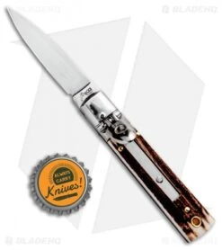 AKC Classic 6" Lever Lock Automatic Italian Knife Stag (2.25" Satin) -Cheap Knives Store AKC Classic LL Stag BHQ 50855 jr bottlecap
