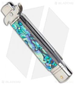 AKC Leverletto 7.75" Automatic Italian Stiletto Abalone (3.25" Satin Flat) -Cheap Knives Store AKC Leverletto 7.75 Auto Italian Stiletto Abalone Satin Flat BHQ 104097 jr side