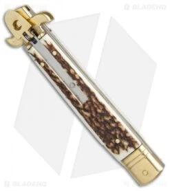 AKC Leverletto 9" Lever Lock Auto Italian Knife Brass/Stag Horn (4" Satin) -Cheap Knives Store AKC leverletto stag horn brass flat BP 18946 er spine