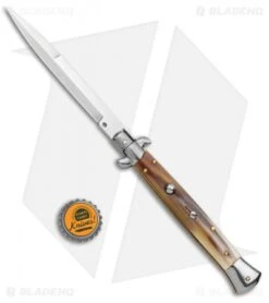 Frank B 11" Italian Stiletto Automatic Knife Brazilian Horn Bayo (5" Satin) 9 Frank B 11" Italian Stiletto Automatic Knife Brazilian Horn Bayo (5" Satin) -Cheap Knives Store Frank B 11in Italian Stiletto Brazilian Horn Auto Bayo Satin GX 37576 jr bottlecap