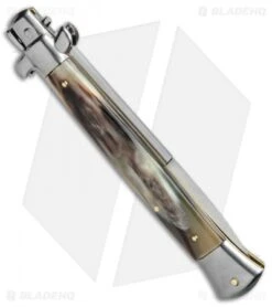 Frank B 11" Italian Stiletto Auto Brazilian Horn (5" Satin Bayonet) -Cheap Knives Store Frank B 11in Stiletto Swinguard Brazillian Horn Bayo BP 8293 jr side