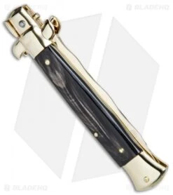 Frank B 9" Italian Stiletto Kris Automatic Knife Dark Horn (4" Gold) -Cheap Knives Store Frank B 9in Italian Stiletto Dark Horn Kriss Gold BP 26576 jr side