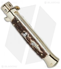 Frank B 9" Italian Stiletto Kris Automatic Knife Stag (4" Gold) -Cheap Knives Store Frank B 9in Italian Stiletto Stag Kriss Gold BP 26578 jr spine