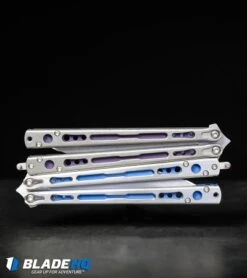 Hom Design Chimera Plus Balisong Knife Satin Ti/Blue G-10 (4.75 Two-Tone) -Cheap Knives Store Hom Design Chimera Balisong Knife Tumbled Ti Purple G 10 SW BHQ 100560 kp steel web 1
