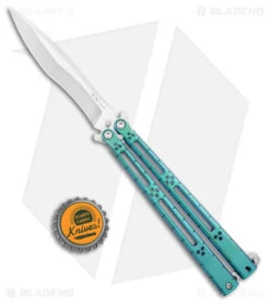 Hom Design I-Basilisk Channel Butterfly Knife Teal Titanium Latched (4.5" Satin) -Cheap Knives Store Hom Design I Basilisk Channel Butterfly Teal Ti Latched Satin BHQ 175604 jr bottlecap
