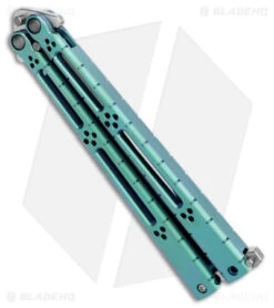 Hom Design I-Basilisk Channel Butterfly Knife Teal Titanium Latched (4.5" Satin) -Cheap Knives Store Hom Design I Basilisk Channel Butterfly Teal Ti Latched Satin BHQ 175604 jr side