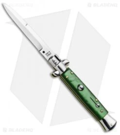 SKM 9" Italian Stiletto Automatic Knife Green Acrylic (4" Satin Bayonet)