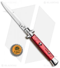 SKM 9" Italian Stiletto Automatic Bayonet Knife Red Acrylic (4" Satin) -Cheap Knives Store SKM 9in Stiletto Auto Red Acrylic Satin Bayo BHQ 92045 jr bottlecap