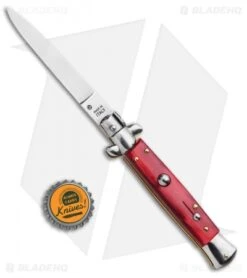 SKM 9" Italian Stiletto Automatic Dagger Knife Red Acrylic (4" Satin) -Cheap Knives Store SKM 9in Stiletto Auto Red Acrylic Satin Flat BHQ 92046 jr bottlecap