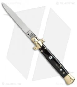 SKM 9" Italian Stiletto Automatic Knife Brass/Dark Horn (4" Satin Flat)