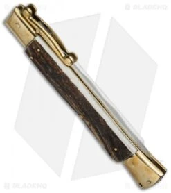 AGA Campolin 13" Swinguard Automatic Knife Brass/Stag Horn (5.75" Satin Kriss) -Cheap Knives Store aga 13in swing stag kriss brass side cm