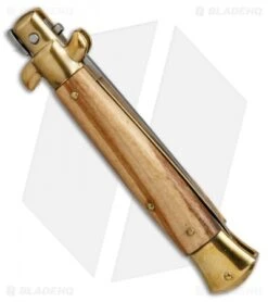 SKM AB 9" Italian Stiletto Automatic Knife Brass/Olive Wood (4" Satin Flat) -Cheap Knives Store skm ab 9in stiletto olive wood flat BP 18409 er side